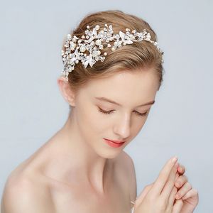 New Silver Leaf Headband Bridal Tiara Pearls Wedding Hair Crown Accessories Fashion Women Prom Hair Piece Handmade Jewelry