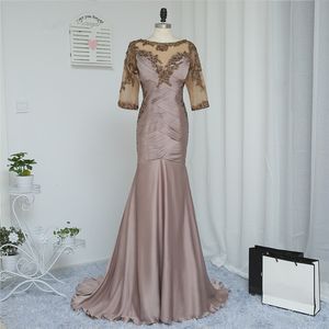 setwell Plus Size Brown Satin Mother Of The Bride Dresses Mermaid Half Sleeves Crystals Wedding Party Dress For