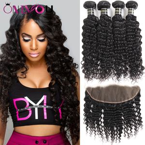 Mink Brasiliano Body Deep Water Wave Straight Ricky Curly Virgin Human Weave 4 bundle con chiusura e bundle Frontale in pizzo Traccia