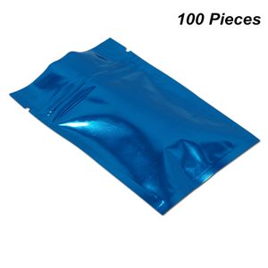 6 tamanhos 100pcs folha azul Mylar sacos reutilizáveis ​​Sacos de mantimento Seal calor Amostra Pacotes com Zipper / Rasgue entalhes folha de alumínio Resealable