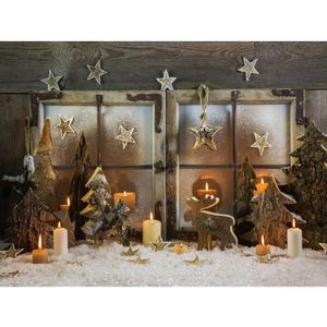 Outside Window Merry Christmas Backdrops Winter Snow Printed Wood Cut Pine Trees Elk Stars Candles Baby Kids Photo Backgrounds