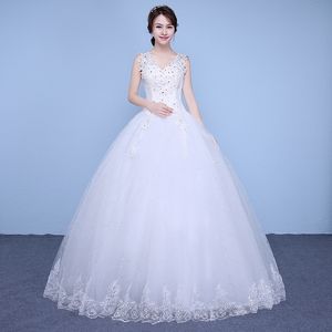 Vestido de Noiva 2018 Ny ankomst Organza V-Neck Crystal Diamond Lace Up Boll Gown Lace Satin Princess Bröllopsklänningar