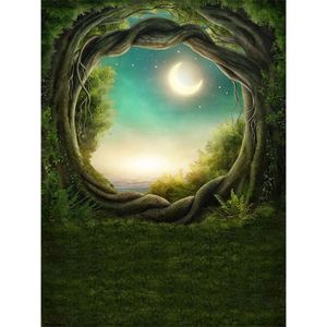 ジャングルパーティーのおとぎ話の背景写真森の木トランクアーチ型ドア緑の芝生の夜の月の星の結婚式の写真ブースの背景