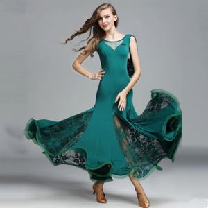 무료 배송 녹색 성인 / 여자 볼룸 댄스 복장 현대 왈츠 표준 공모전 연습 댄스 복장 V-Collar Sleevless Lace Dress