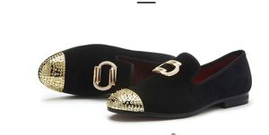 Classic Designer Gold Top and Metal Toe Men Black Velvet dress shoes italian mens Loafers Handmade Party Wedding Shoes