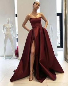 Wine Red Strapless Prom Dresses Designer 2019 Sexy High Split Side Backless Simple Satin Formal Dress Ball Gowns Party Graduation Dress