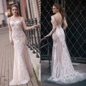 Gowns Mia Bridal Country Backless Dress Long Sleeves Lace Appliqued Sheer Crew Neck Beach Boho Mermaid Wedding Dresses es