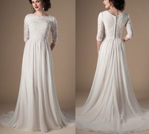 Abiti da sposa modesti color avorio champagne con maniche a 3/4 con perline in pizzo a-line in chiffon Boho abito da sposa informale abito da sposa religioso LDS