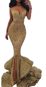 2018 sexy Gold Sequine Mermaid prom Dresses Long spaghetti straps front slit Burgundy Formal Evening Gown tiered ruffles Robe De Soiree