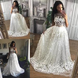 Top See Through White Prom Dresses 3D Flower Appliques Long Evening Gowns South African Zipper Back Tulle Floor Length Formal Party Dress