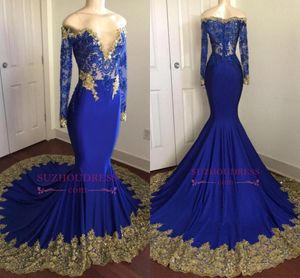 African Arabic Mermaid Prom Dresses Long 2018 Evening Dresses Royal Blue Gold Applique Long Sleeves Floor Length Dresses Evening Wear