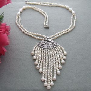 Affascinante 2 file 4-5 mm perla coltivata d'acqua dolce micro intarsio zircone accessori ciondolo nappa maglione collana lunga 66-68 cm