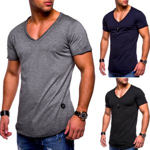 새로운 패션 남자 여름 티셔츠 V 넥 캐주얼 탑 하이 스트리트 솔리드 컬러 세련된 코튼 탑 근육 남자 티셔츠