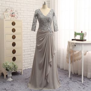 Setwell Grey Lace Mother of the Bride Dresses V Neck Shaath Mor av brudgummen Klänningar 1/2 Ärmar Bröllop Gästklänning