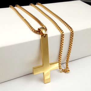 Kvinnor Mäns Holiday Gift Smycken Guld Kors av St Peter Upside Down Cross Pendant Rostfritt Stål Katolska Halsband Boxkedja 18-32 ''