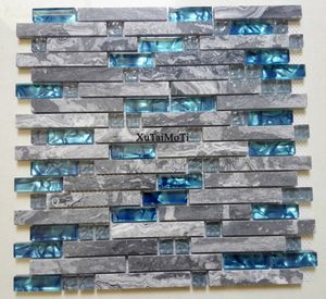 11 Stück graues Marmormosaik, blaue Glasfliesen, Küchenrückwand, Badezimmerhintergrund, dekorative Wand, Kamin, Bar, Steinwandfliesen