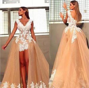 New Vintage Wedding Dresses With Detachable Train V Neck White Lace Applique Mini Hi Lo Short A-Line Wedding Dresses Bridal Gowns