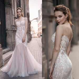 Milva Gelin 2018 Ülke Backless Gelinlik Allık Pembe Dantel Aplike Scoop Boyun Sahil Boho Mermaid Gelinlikler