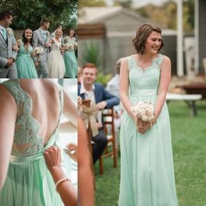 Mint Green Bridesmaids Dresses Country Style Lace Appliques Chiffon Long Formal Wedding Party Maid of Honor Gowns with Sash Open Back