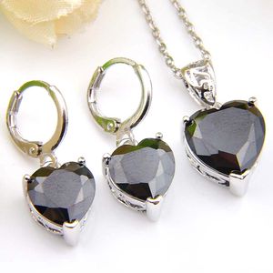 6 uppsättningar / parti halloween present svart onyx cubic zirconia hjärtformade 925 silver smycken sätter mode party pendlar halsband örhängen
