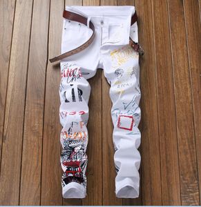 Hot Popularne męskie Drukowanie Luksusowe Białe Dżinsy Designer Mężczyźni Jeans Hole Znane Marka Slim Fit Mens Drukowane Jeans Biker Dżinsowy Spodnie 5601