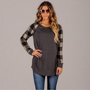 가을 여성 T 셔츠 인쇄 격자 무늬 고품질 캐주얼 탑 코튼 느슨한 여성 의류 긴 소매 티셔츠