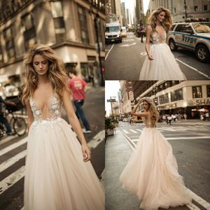 Deep Boho Berta V Neck Sexy Dresses Romantic Lace Applique See Through Backless Beach Bohemian Wedding Bridal Gown