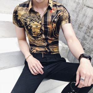 summer personality striped shortsleeved shirt tide male nightclub hair stylist youth wild business casual flower shirt