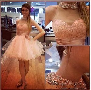 Stunning Short Prom Dresses Ball Gown Lace Beaded Tulle Pleats High Neck Mini Puffy Party Homecoming Graduation Dresses Custom Made 73