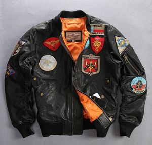 Stand collar black AVIREXFLY genuine leather jackets baseball suit Flocking sheepskin leather flight bomber jacket