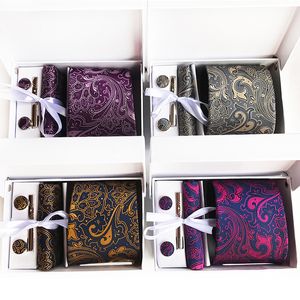 Affari 3,35 pollici 8 cm di larghezza Ensemble Argento Paisley Matrimonio Uomo Cravatta Fazzoletto Spilla e gemelli Confezione regalo Confezione in molti colori