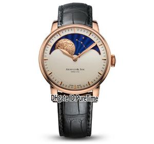 New 42mm Arnold&Son HM Perpetual Moon A1GLARI01AC122A Rose Gold White Dial Mechanical Hand Winding Mens Watch Black Leather Strap UK Cool