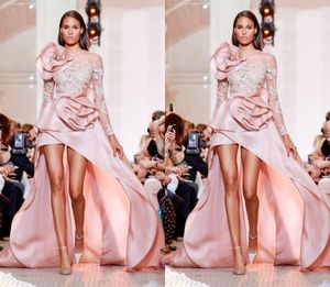Zuhair Murad Gelinlik Modelleri Yüksek Düşük Illusion Dantel Aplikler Jewel Boyun Uzun Kollu Örgün Elbise Parti Giyim Zarif Artı Boyutu Abiye giyim