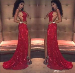 Seksowne Czerwone Cekiny Prom Dresses Long 2020 Mermaid High-High Slits Spaghetti Paski Backless Custom Made Celebrity Suknie Wieczorowe