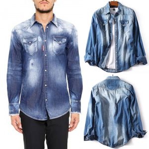 Fade Vintage Denim Shirts Man Asain Size M-2XL Casual Camicia Uomo Slim Fit LongSsleeve Cotton Male Cowboy Shirts