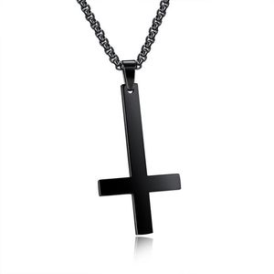 Männliche schwarze Halskette mit umgekehrtem Peterskreuz-Anhänger für Männer, Edelstahl-Halsband, Crux de Sanctus Petrus-Schmuck, Herren-Halskette