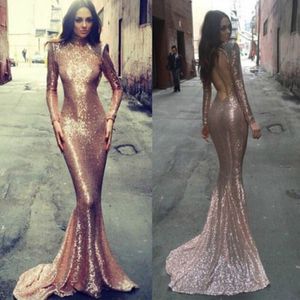 Sexy Backless Sequined Evening Party Dresses High Neck Long Sleeve Court Train Mermaid Formal Evening Gowns