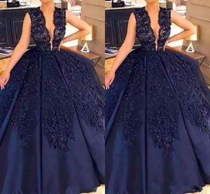 2018 Dark Navy Ball Gown Quinceanera Dresses Sexy Deep V-Neck Beaded Sleeveless Lace Applique Formal Evening Gowns Prom Dresses
