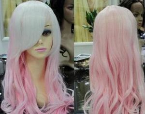 FIXSF418 Ny Long Hot White Mix Pink Curly Cosplay Hair Wig Wigs For Women Wig