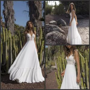 2019 New Beach Bohemia Wedding Dresses A Line Spaghetti V Neck Backless Chiffon Bridal Gowns Boho Lace Appliqued Wedding Dress