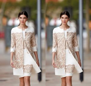 The New Design Mother Dresses Jewel With Lace Applique Mother Groom Long Sleeve Capped Knee Length Wedding Dress