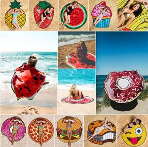 Runde 3D -Print Beach Handtuch Süßes Lebensmittelfruchtmuster gedrucktes Handtuch Donuts Hamburger Schalschalel 10pcs OOA4704