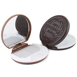 Small Makeup Mirrors al por mayor-Galletas de cacao espejo de maquillaje pequeño bolsillo lindo portátil plegable plástico plástico herramientas cosméticos redondos compactos de vanidad espejo con peine