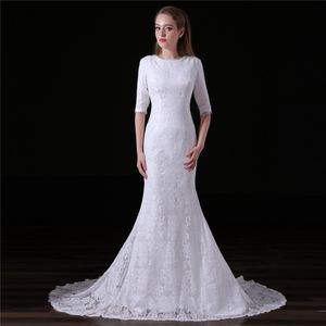 Vintage Lace Mermaid Wedding Dresses Half Sleeves Lace Bridal Gowns Zipper with Buttons Back Sweep train Cheap