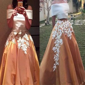 Wholesale two piece evening dresses line resale online - New Elegant Satin Prom Dresses Two piece Saudi Arabia Style Two Stones Party Prom Gowns A line Off the shoulder Appliques Lace Evening Dress