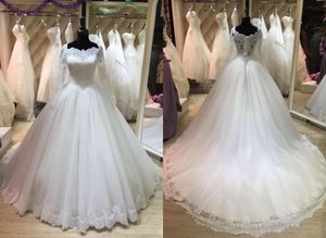 Amazing Long Sleeve Lace Ball Gown Wedding Dress Cheap Square Neck Illusion Corset Back Court Train Tulle Wedding Dresses Bridal Gowns