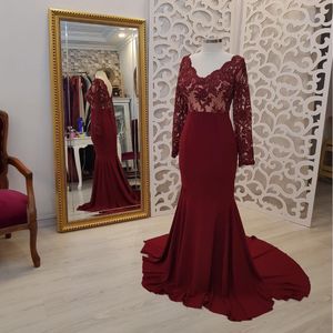 Actual Picture Burgundy 2019 New Mermaid Evening Dresses Applique Long Sleeves Sweep Train Formal Dresses Evening Wear robe de soiree