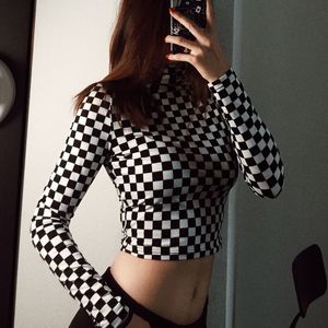 Yeni avrupa tasarım kadın standı yaka siyah beyaz renk bloğu ekose ızgara deseni uzun kollu BODYCON tunik tişört kırpma üstleri