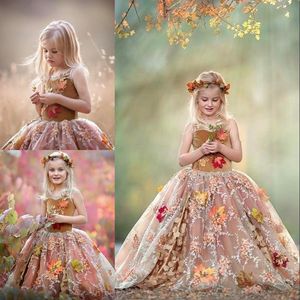 Maple-Leaf Flower Girls Dresses Jewel Neck Lace Appliques Ball Gown Girls Pageant Dress Dreamy Fairy Tale Födelsedag Klänningar Skräddarsy 2018