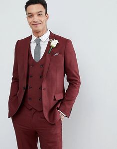 Dark Red Three Pieces Mens Suits Slim Fit One Button Groomsmen Wedding Tuxedos For Men Blazers Peaked Lapel Prom Suit (Jacket+Pants+Vest)